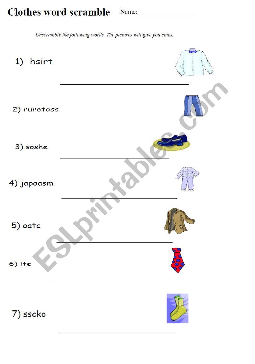Clothes ESL Unscramble the Words Worksheets