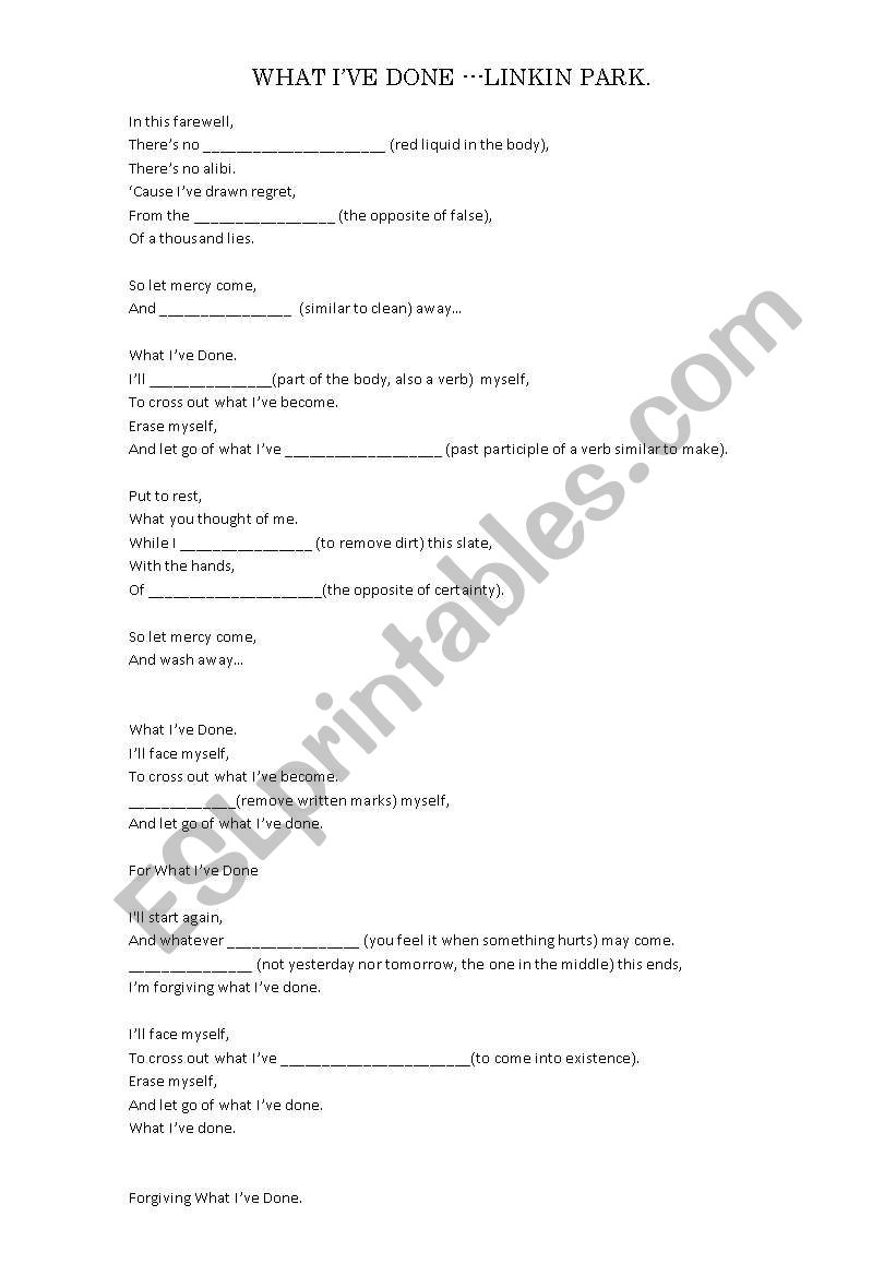 WHAT IVE DONE---LINKIN PARK. worksheet