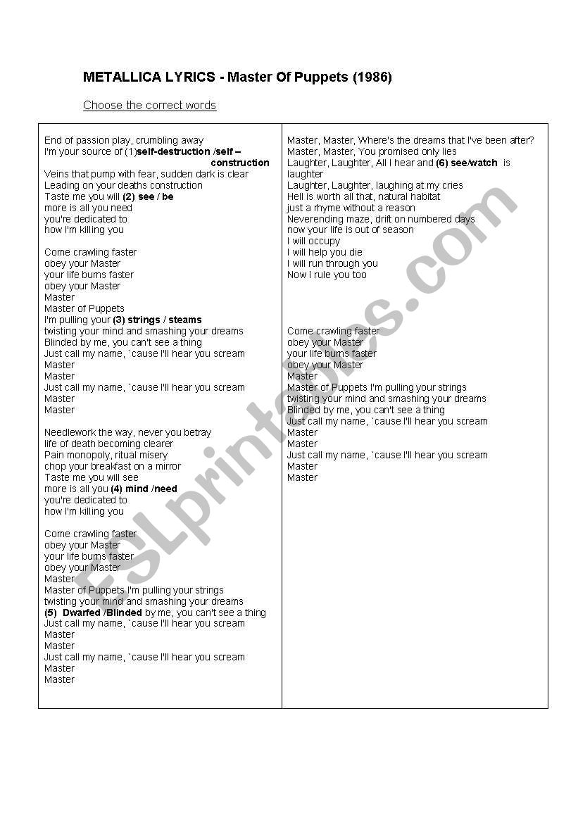 Master of Puppets -Metalica worksheet