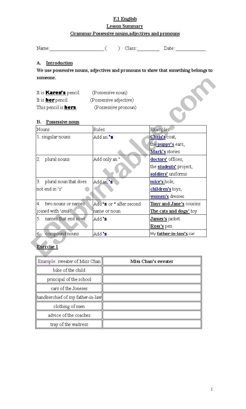 possessive pronouns worksheet