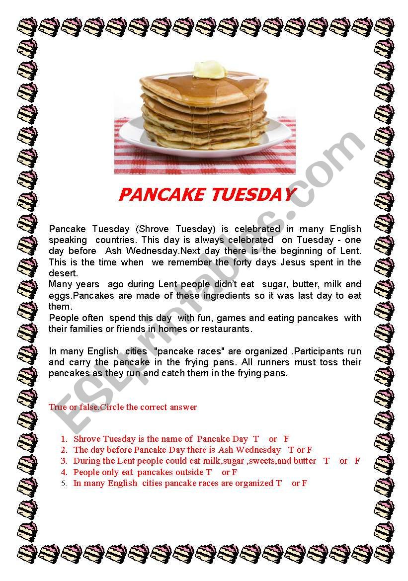 Pancake Day/Shrove Tuesday -reading  practice 