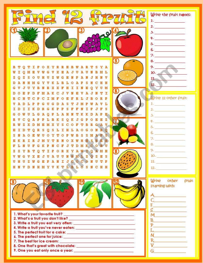 Wordsearch: Fruit – vocabulary • 5 tasks • keys included • 2 pages ...