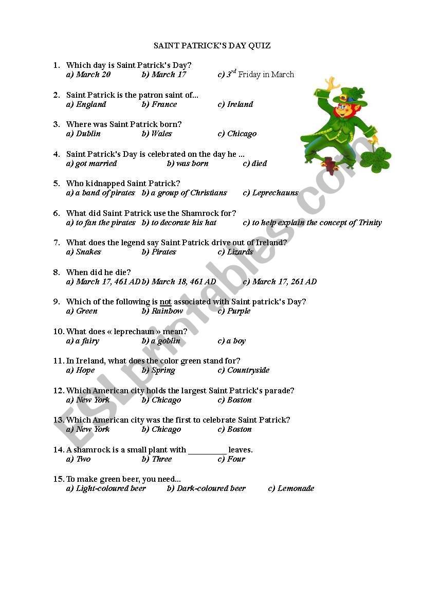 Saint Patrick´s day quiz - ESL worksheet by orianne