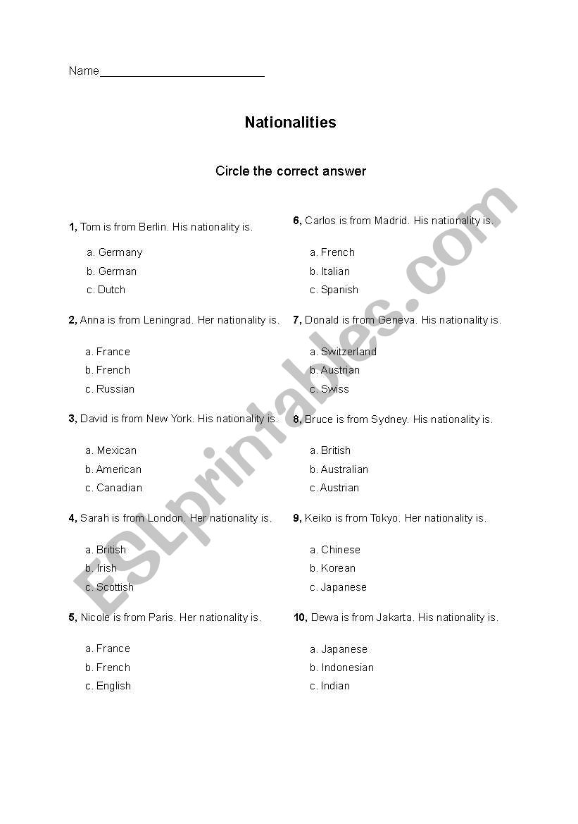 Nationalities worksheet