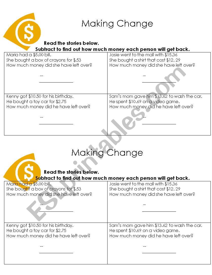 Making change worksheet