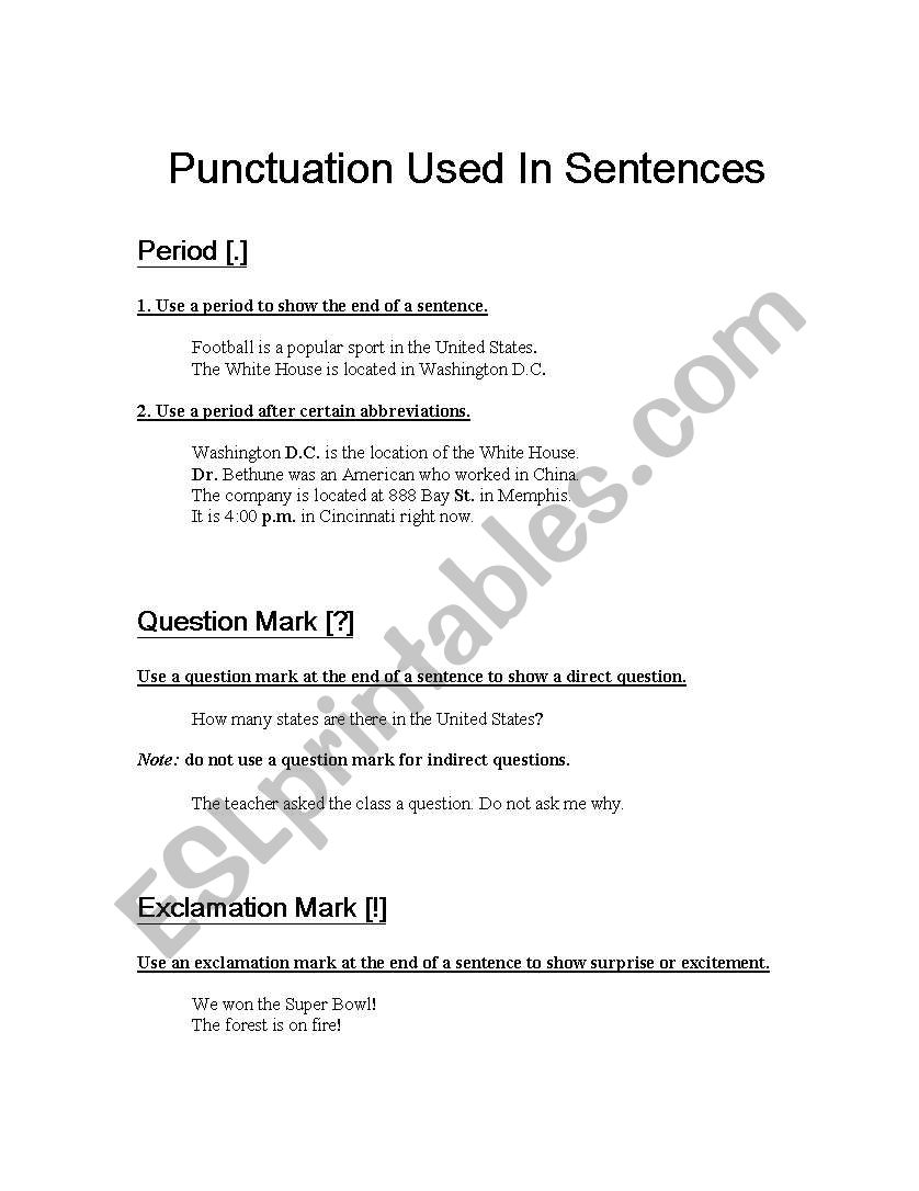 Punctuation Used in Sentences worksheet