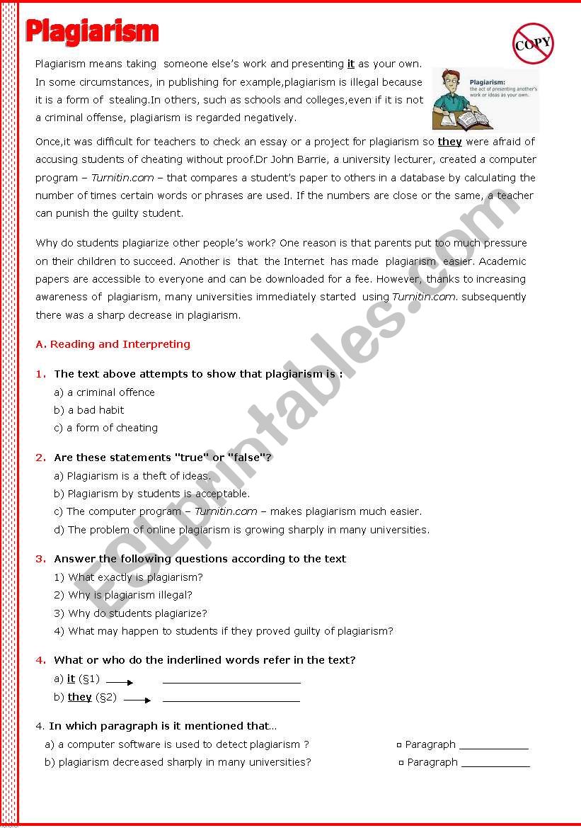 Plagiarism ESL Worksheet By Mouradhope