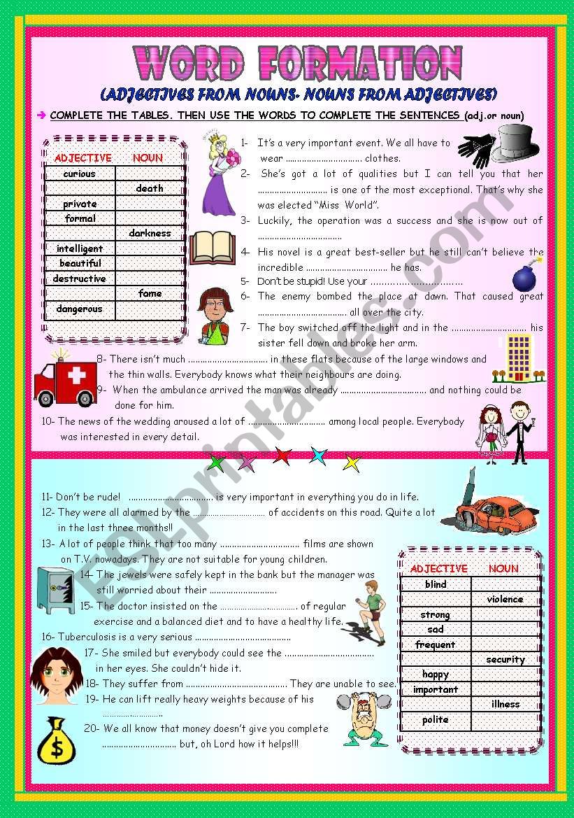 WORD FORMATION ADJECTIVES FROM NOUNS NOUNS FROM ADJECTIVES ESL Worksheet By Asungilsanz