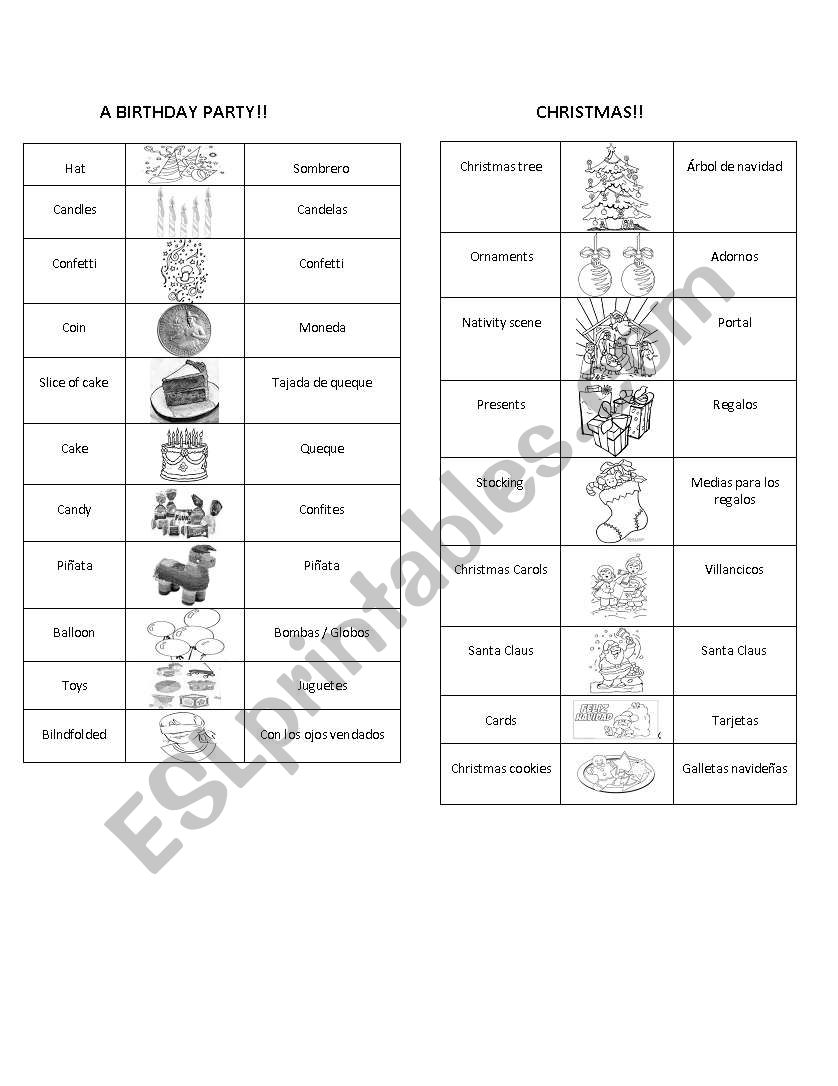 celebrations worksheet