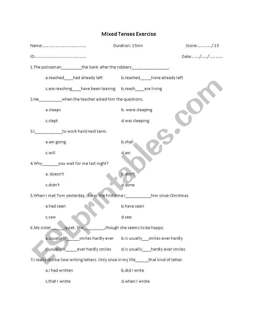 mixed tenses exercise worksheet