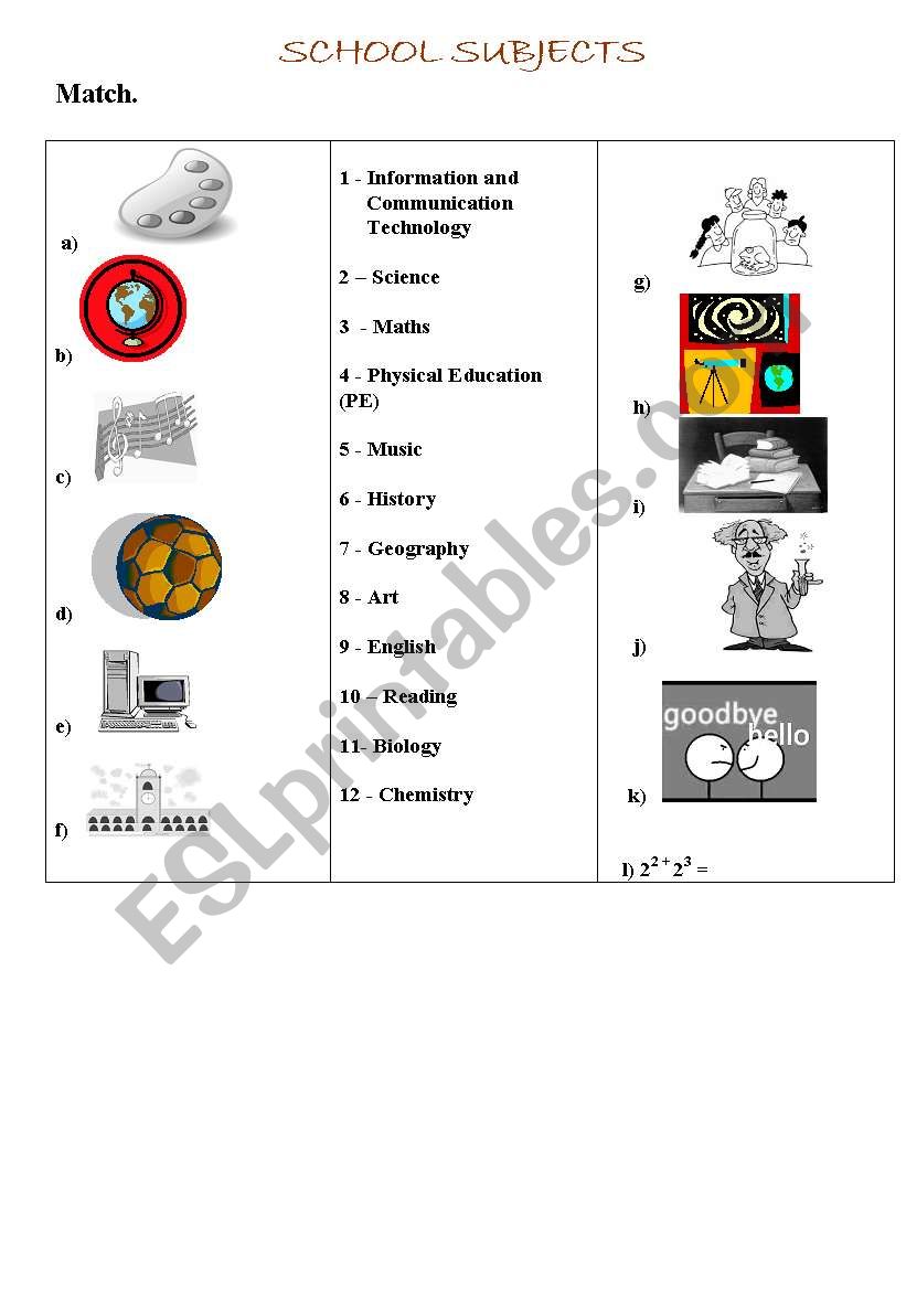 school subjects  worksheet