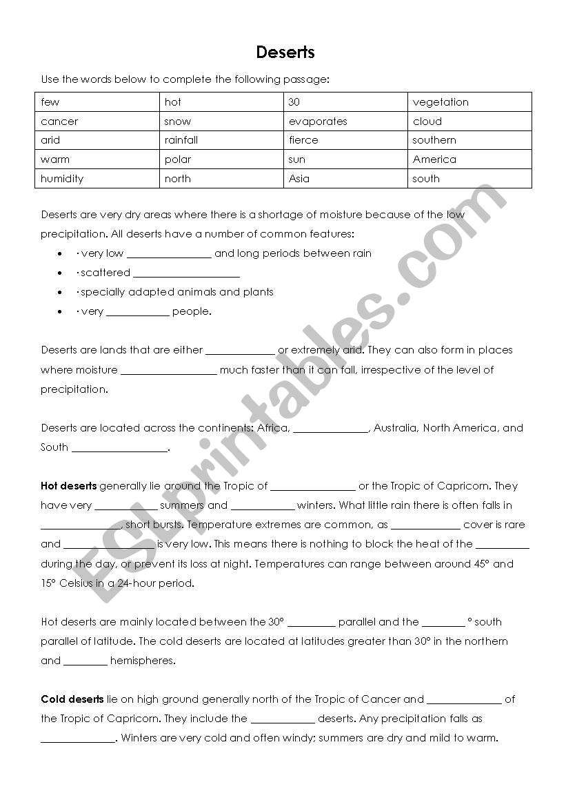 deserts cloze passage worksheet