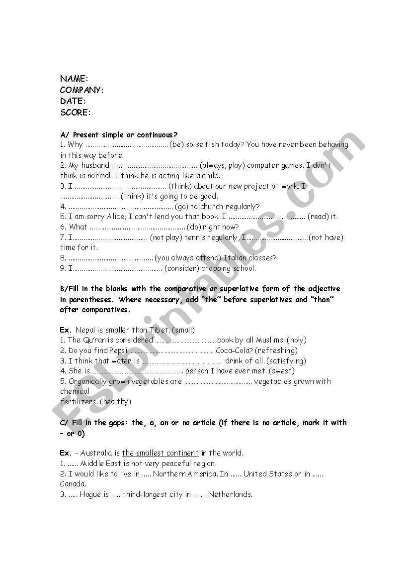 test present perfect and more worksheet