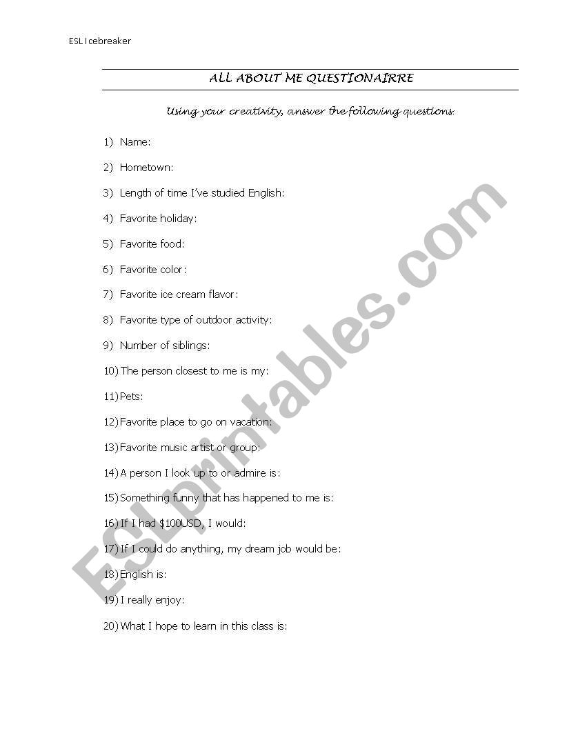 All About Me Questionairre worksheet