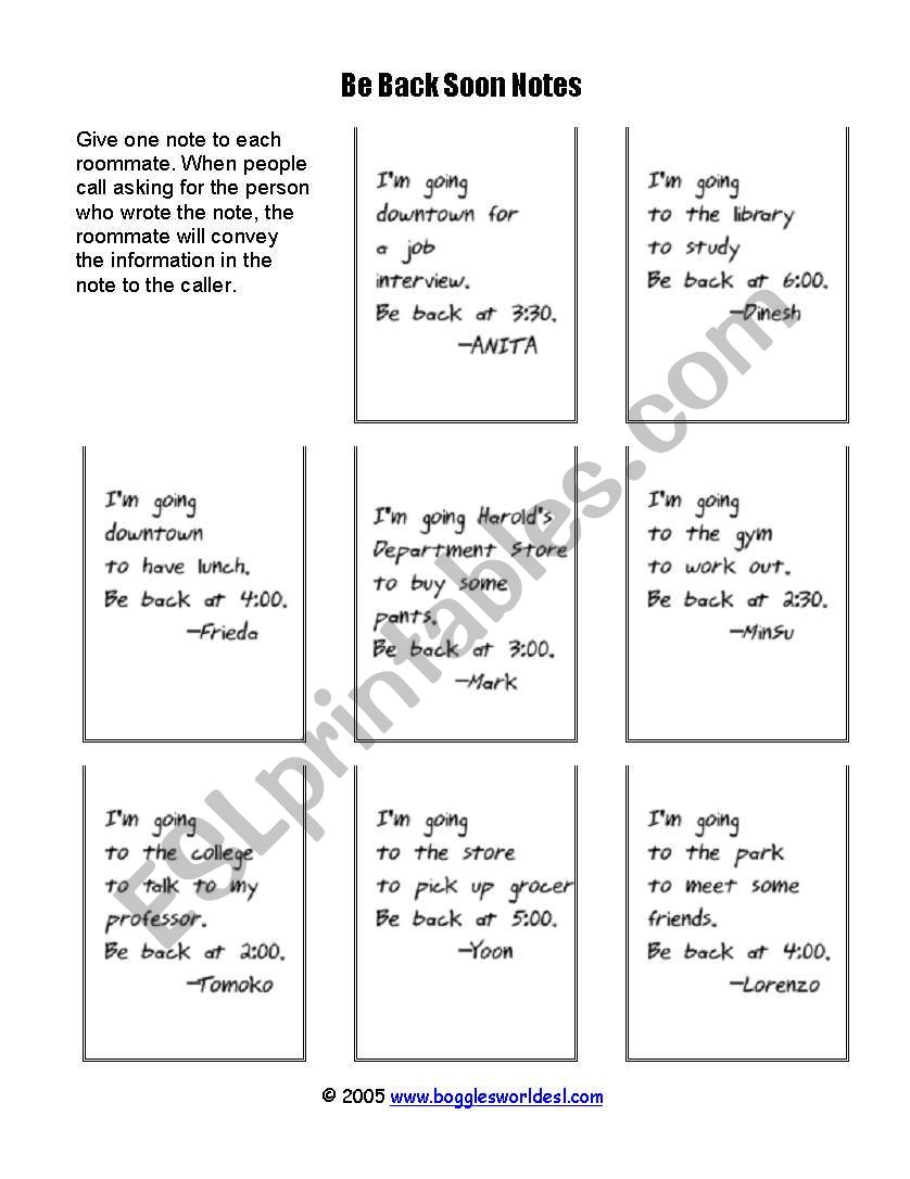 be back soon notes worksheet