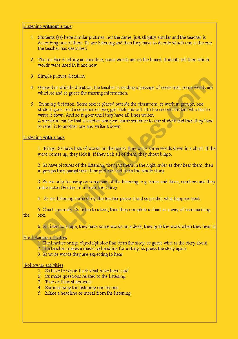 Listening activities worksheet