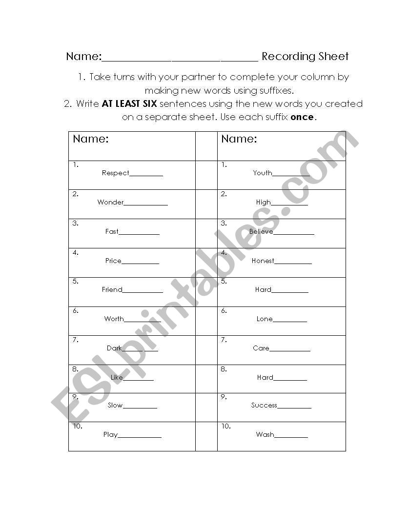 Suffix Game Sheet worksheet
