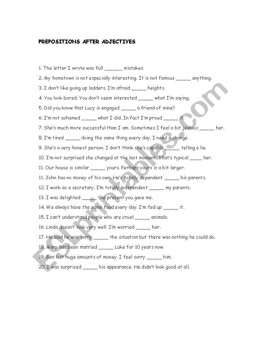 Prepositions After Adjectives Esl Worksheet By Dianafdz 