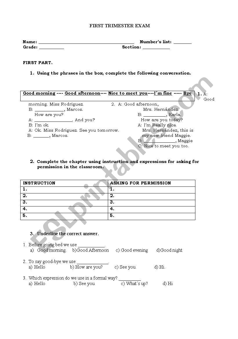 Exam worksheet