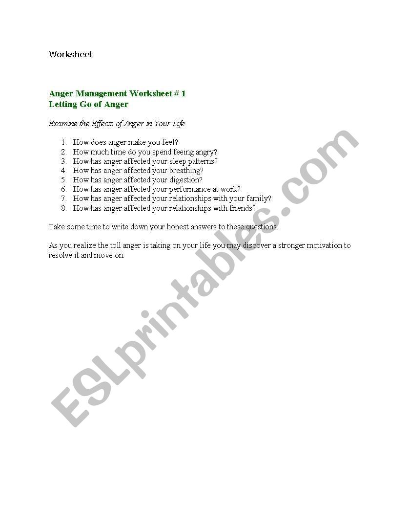 Anger Management worksheet