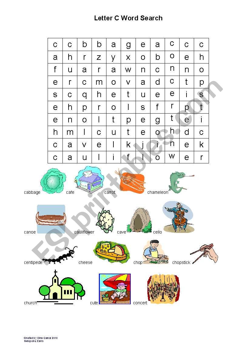 English Worksheets Letter C Word Search