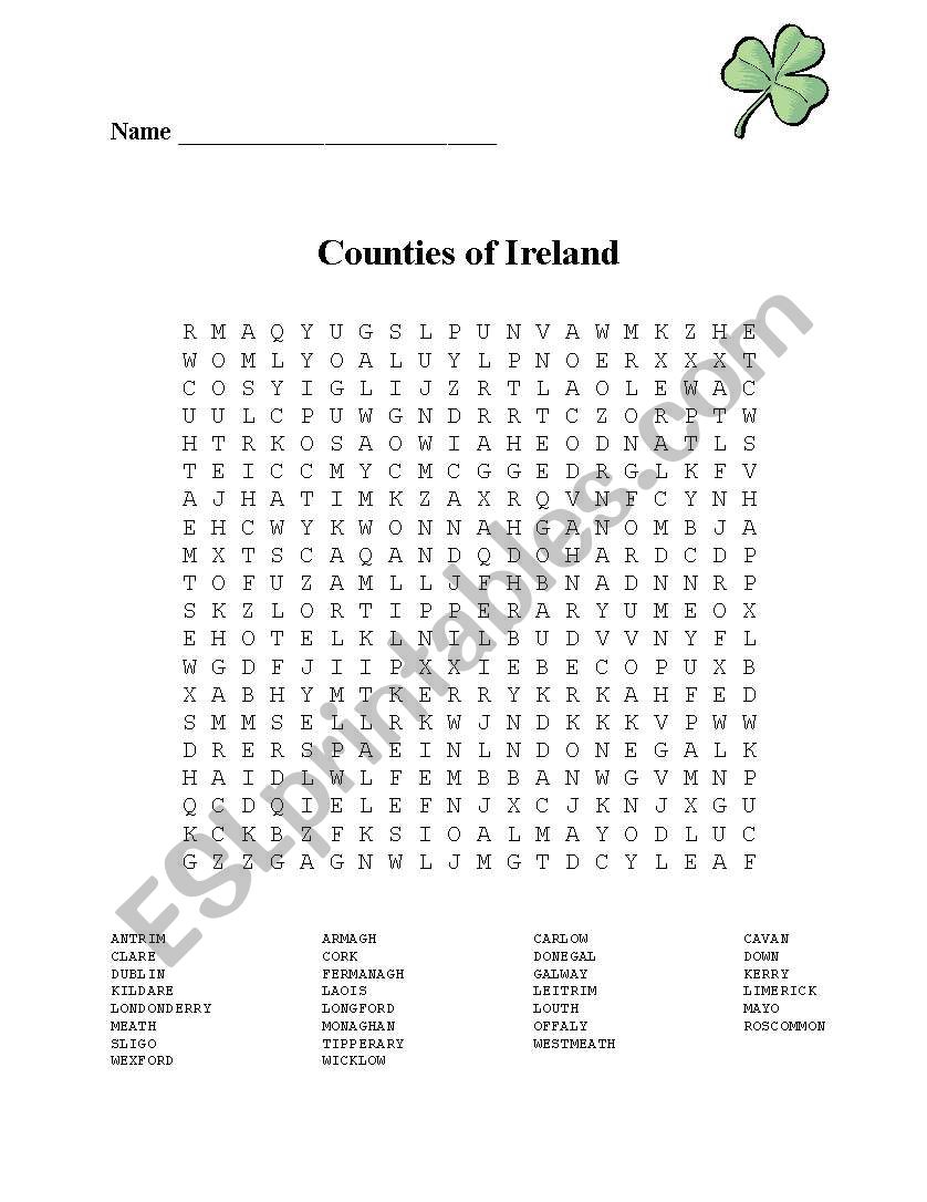 Counties of Ireland Word Search