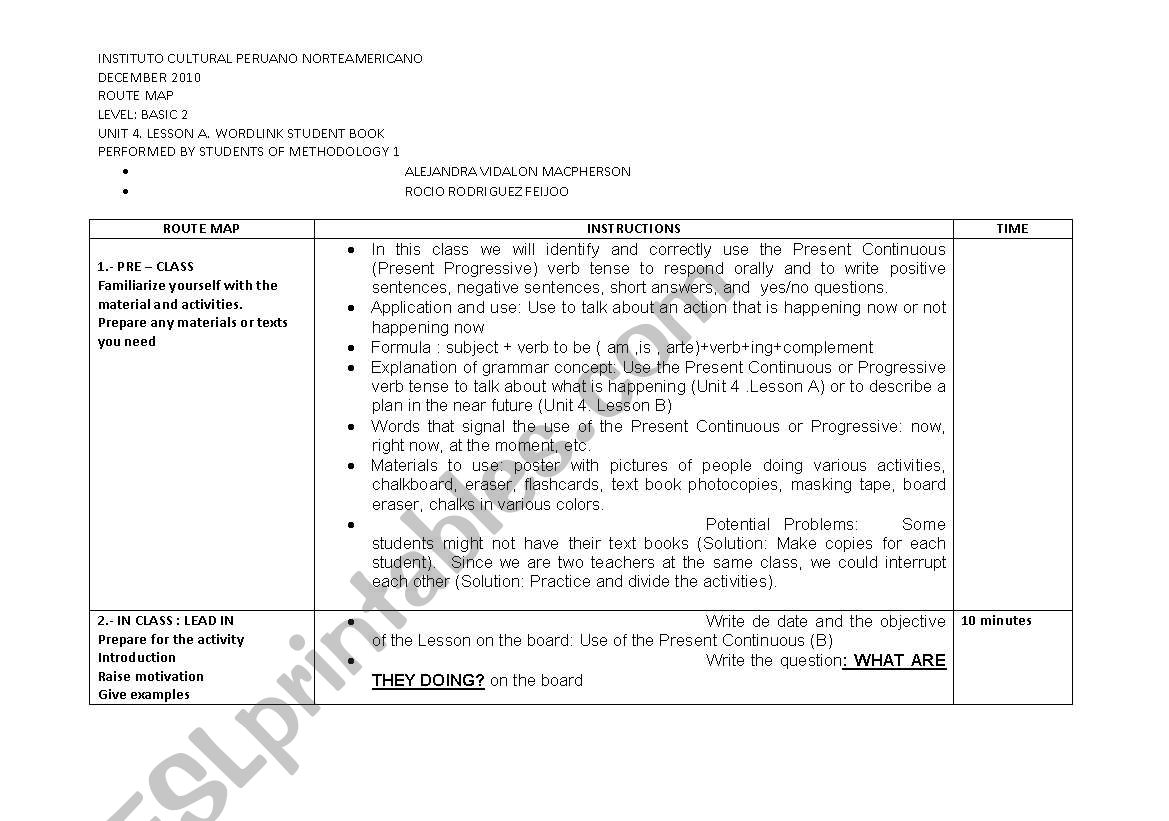 PRESENT PROGRESSIVE LESSON PLAN ESL Worksheet By Ale vimac