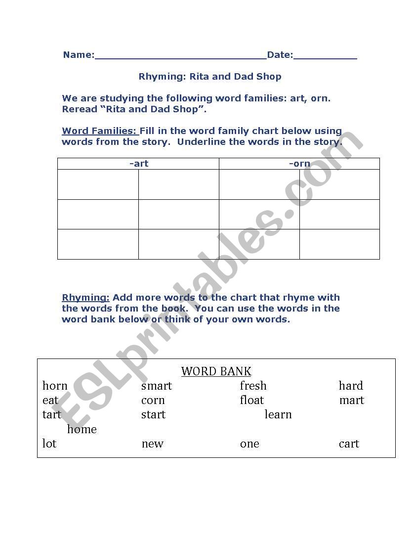 English Worksheets Rhyming art orn Word Families