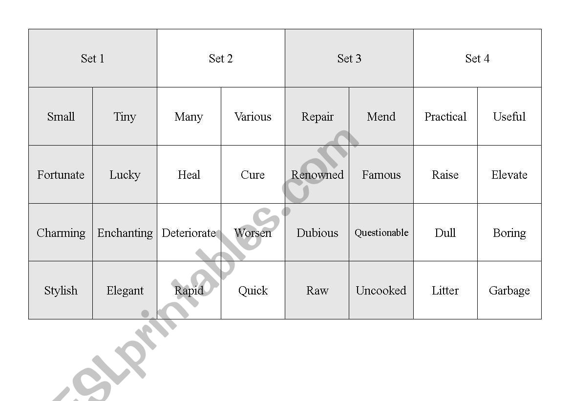 synonyms  worksheet