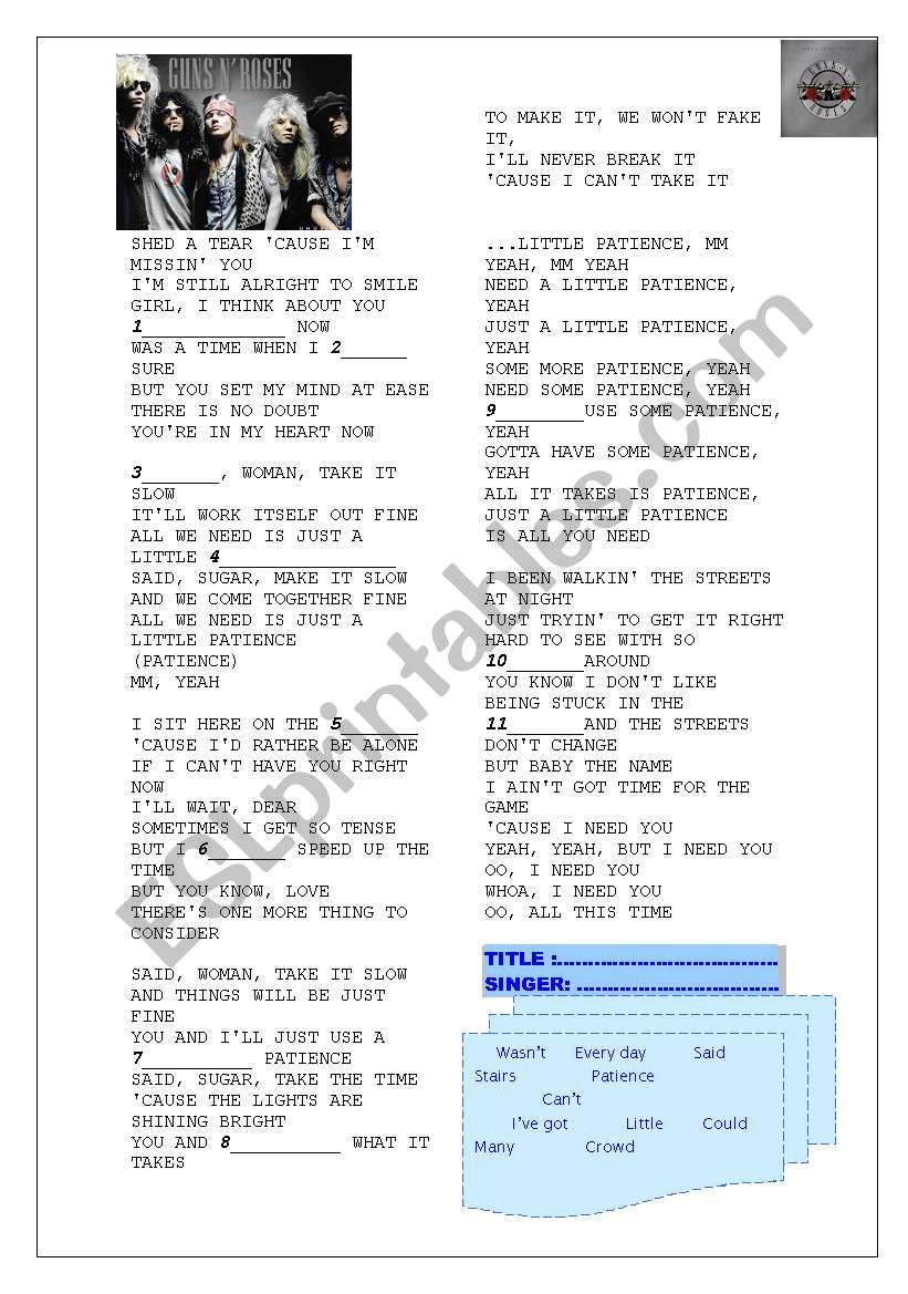 Guns N Roses Patience White Heart Song Lyric Music Print