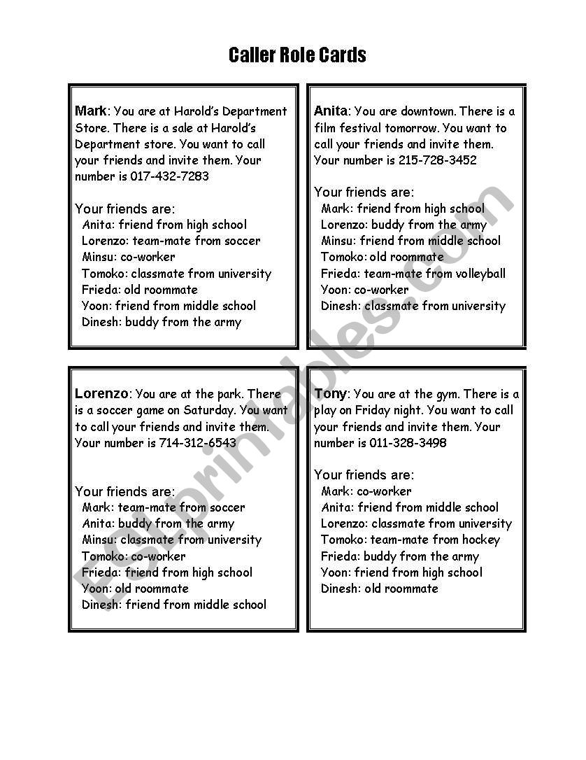 cards role play worksheet
