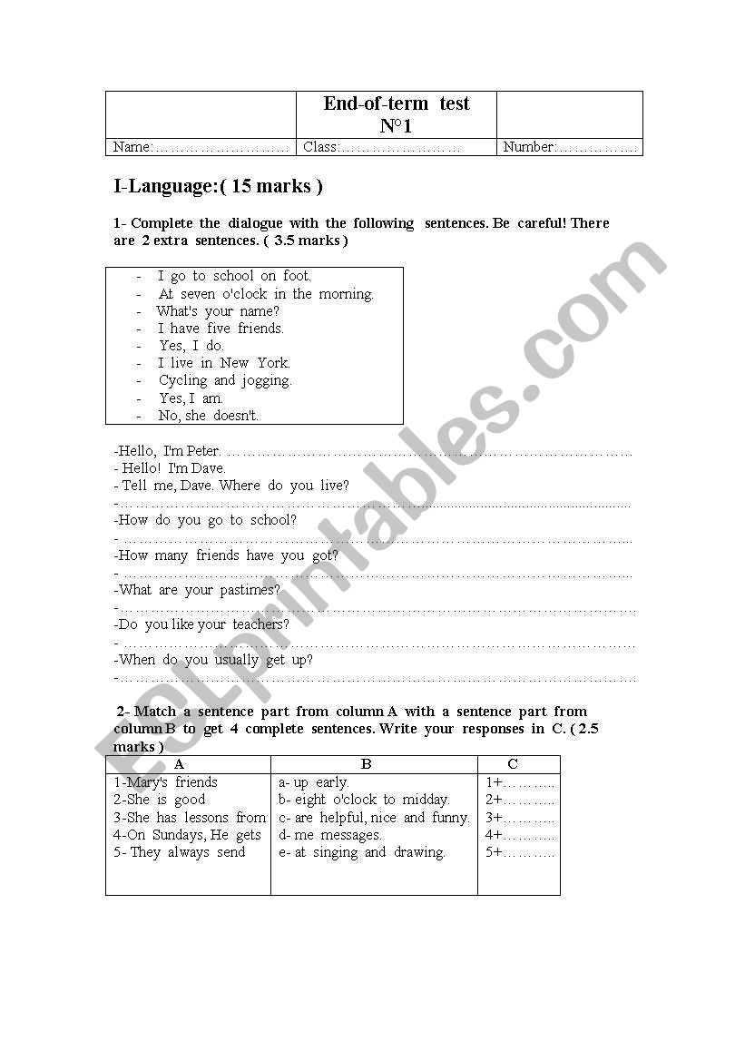 end of term test N1 worksheet