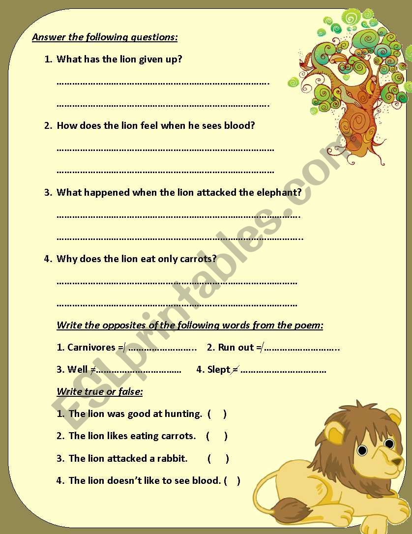 The Veggy Lion Esl Worksheet Ali Ali