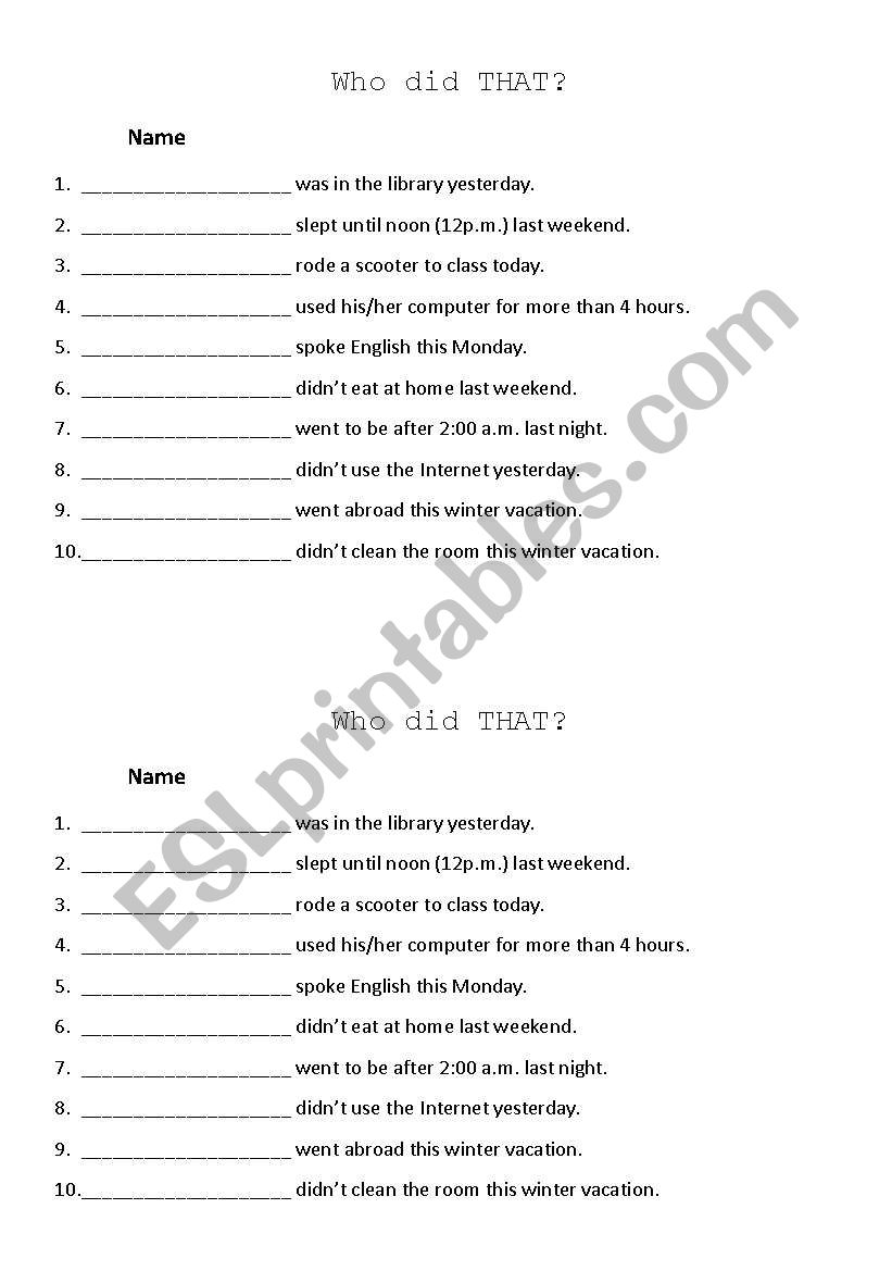 Past Tense Class Survey-Who Did That?