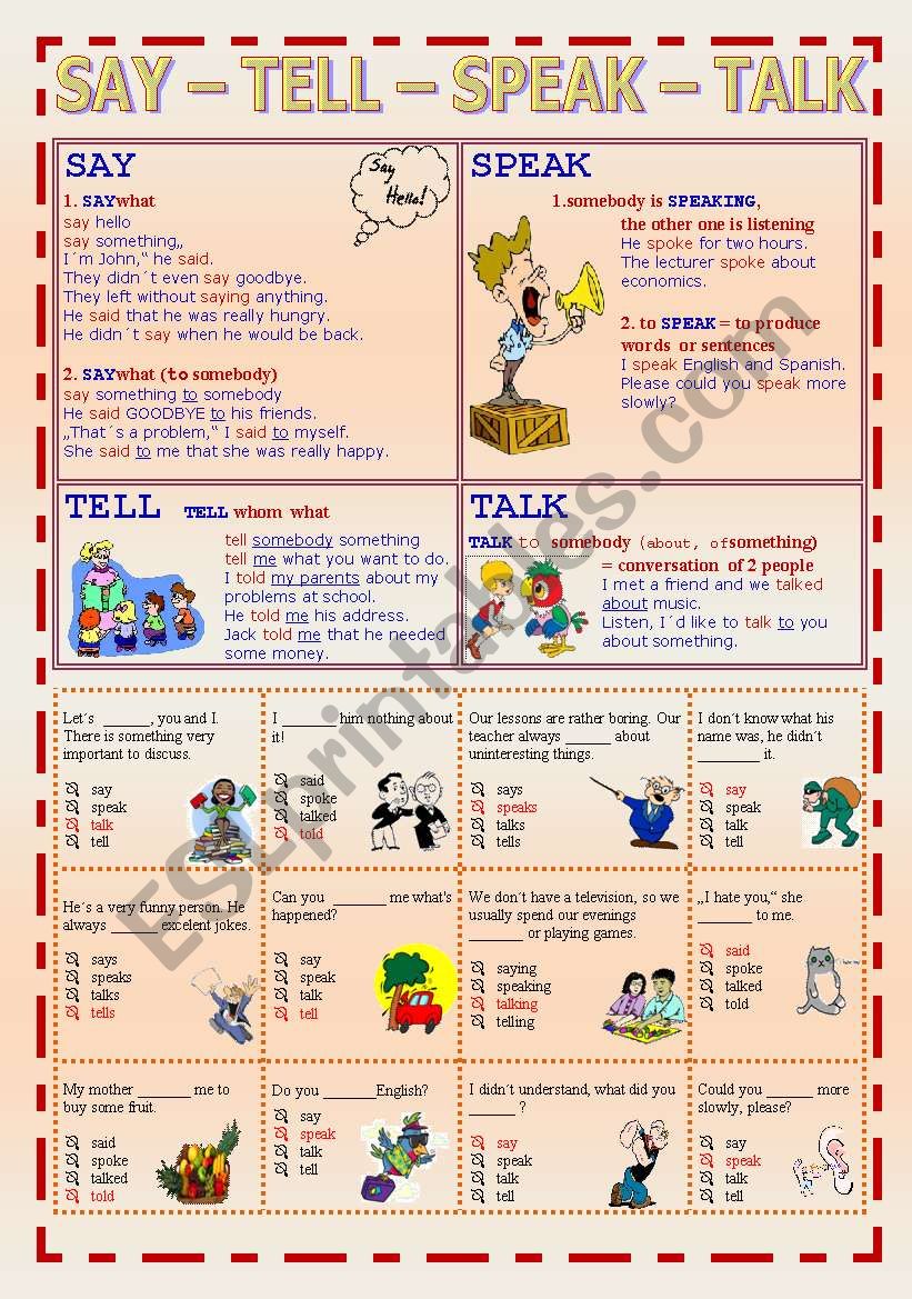 Say Tell Speak Talk Esl Worksheet By Ramel1