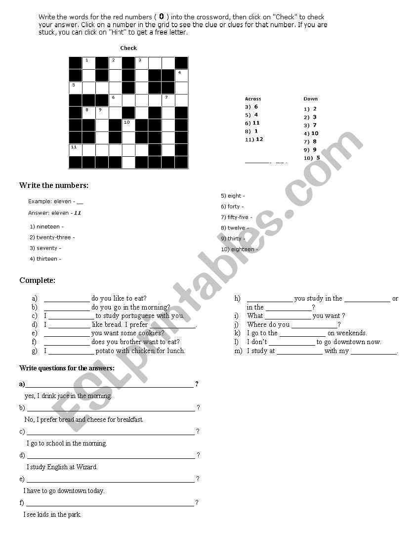 Numbers & questions worksheet