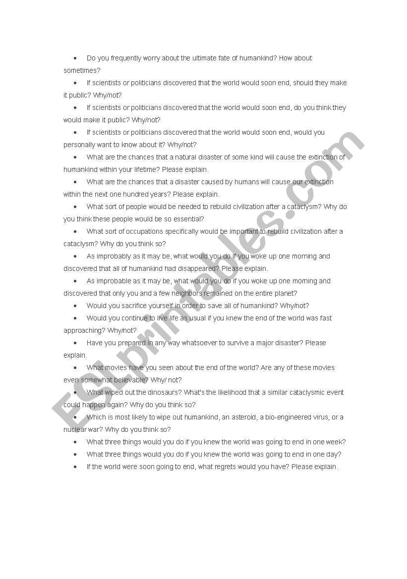 end of the world worksheet