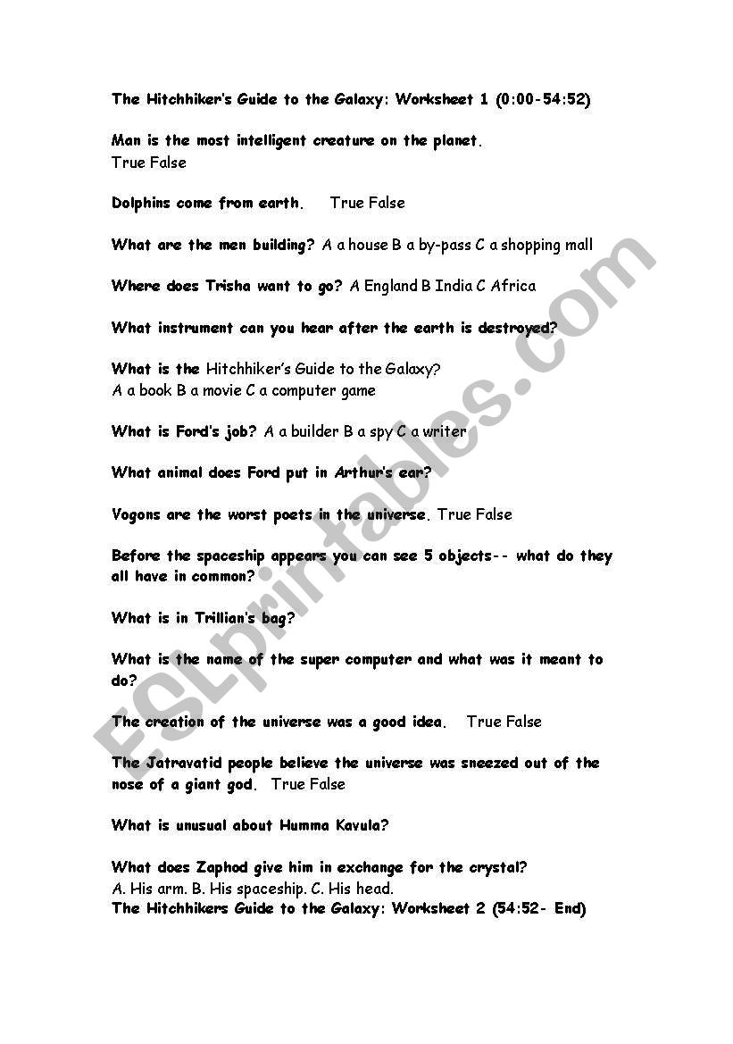 Hitchhikers guide worksheet