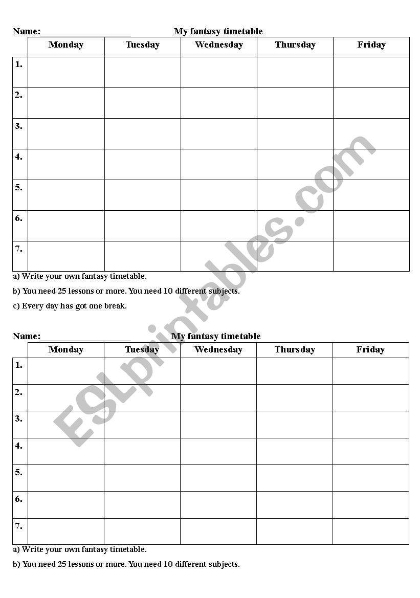 My dream timetable worksheet