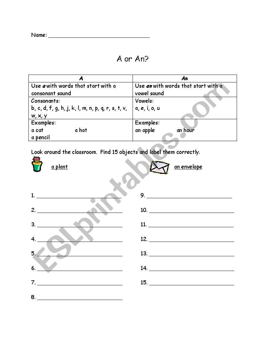 A or An? Classroom Walk worksheet