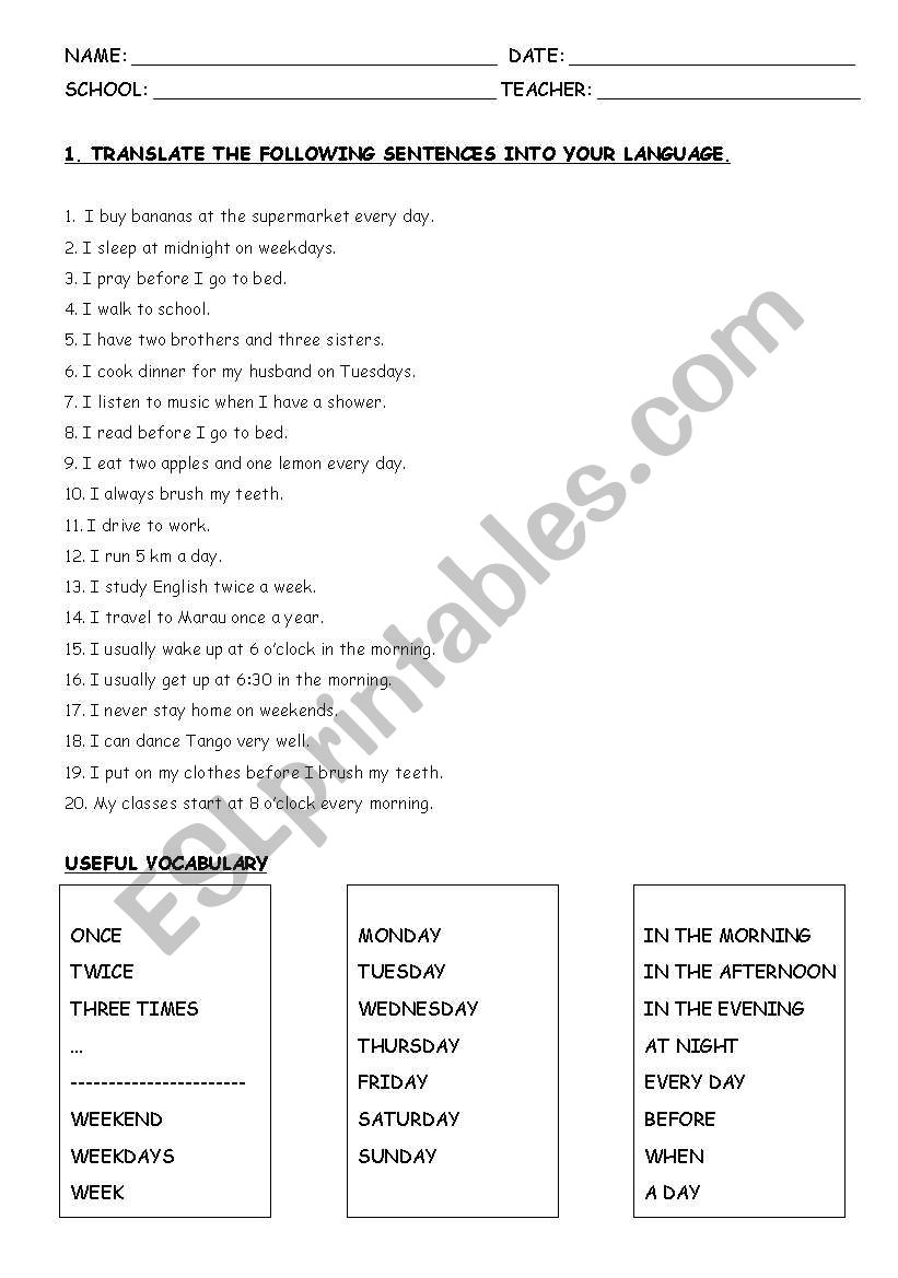 Present Simple Tense - Affirmative sentences - Vocabulary