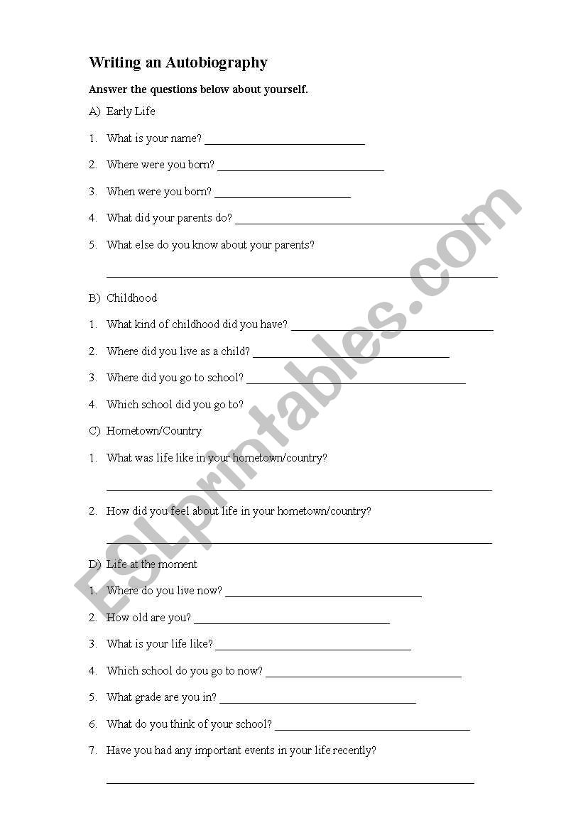 Writing an Autobiography worksheet