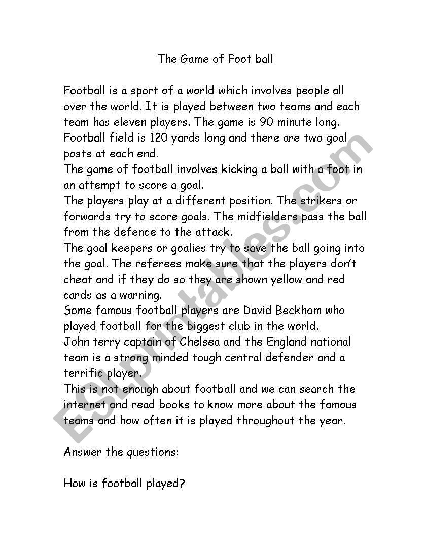 the game of football worksheet