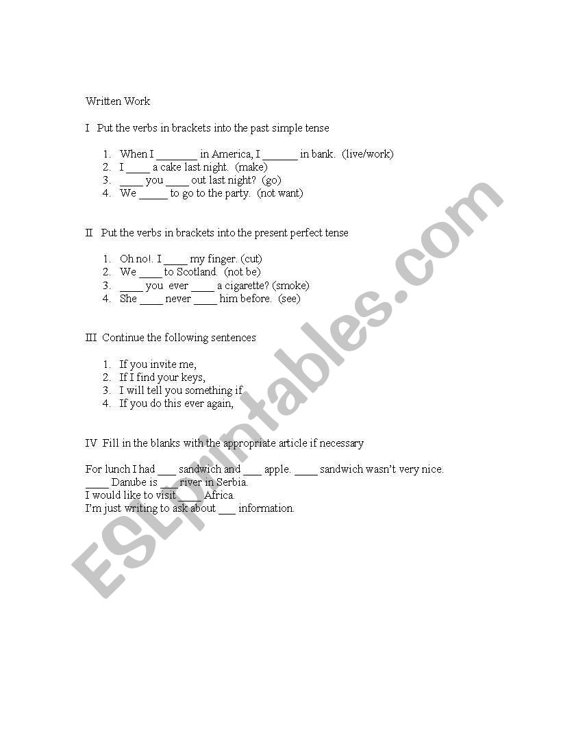 Written Work worksheet