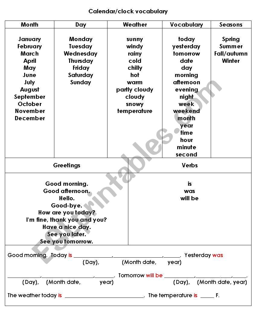 calendar and clock vocabulary worksheet