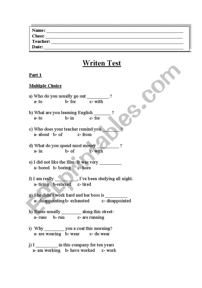 Final Exam Intermediate Students