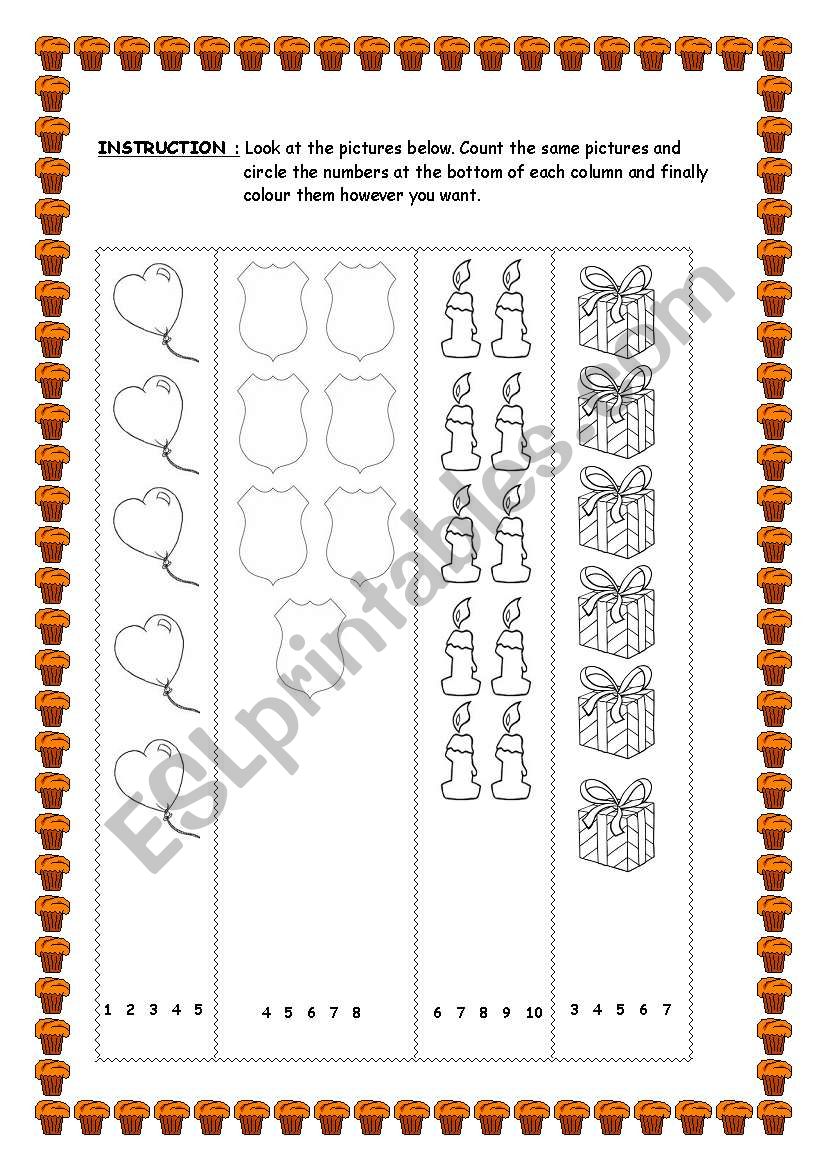 birthday objects-numbers worksheet
