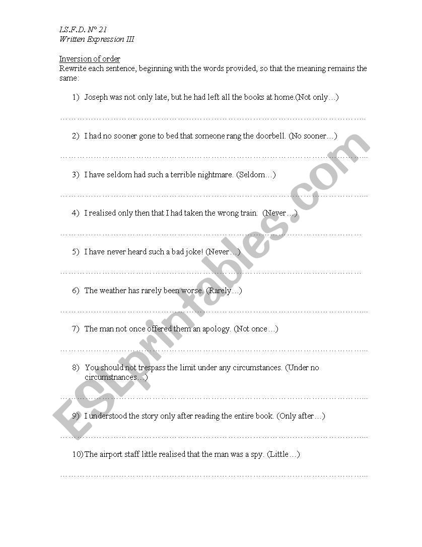 inversion of order exercises worksheet