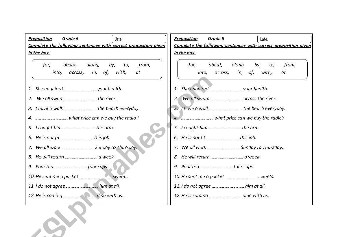 Prepositions worksheet