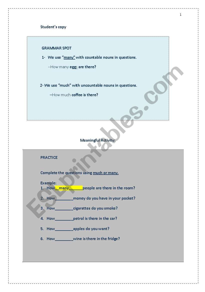 much/many activity worksheet